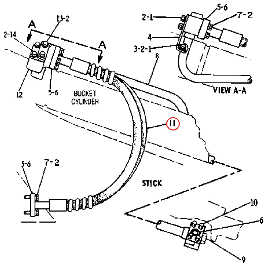 Caterpillar CAT®225D installation diagram showing hydraulic hose 8K-3077 at Pipe No. 11