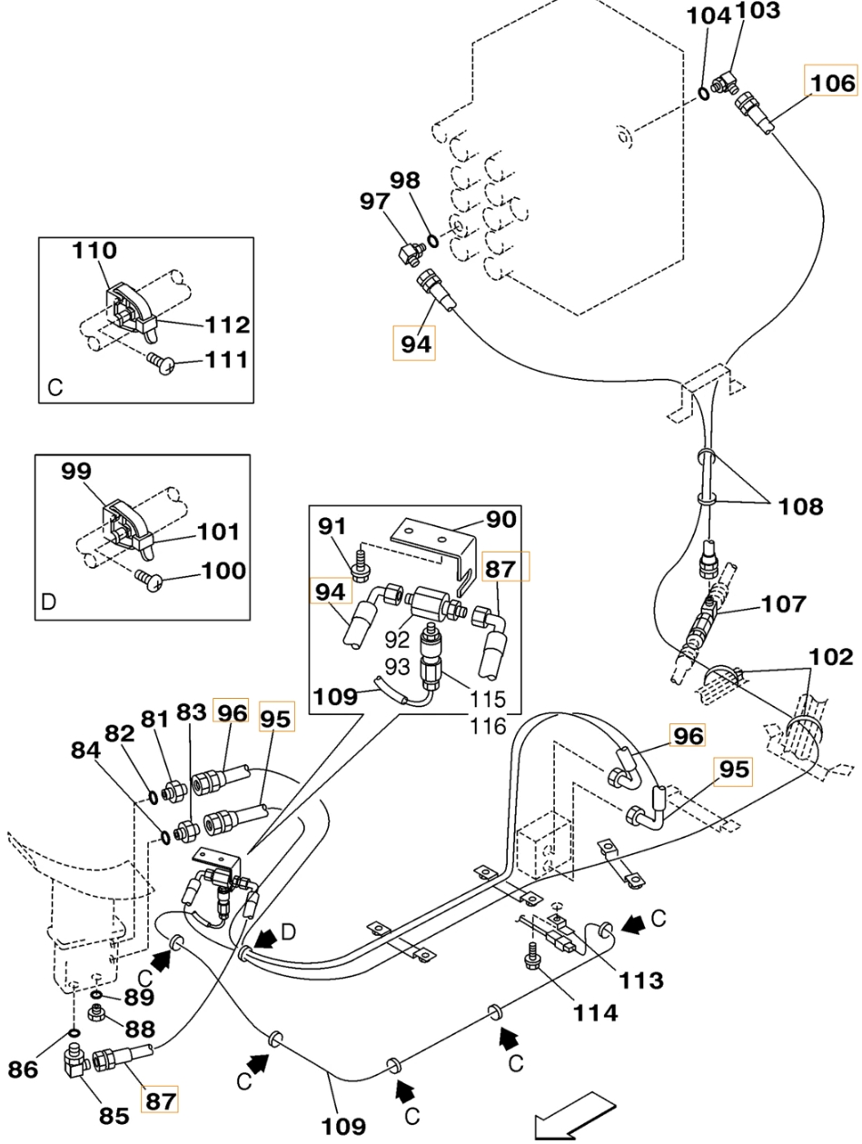 Case CX210N installation diagram showing hydraulic hose 164236A1 at Pipe No. 95
