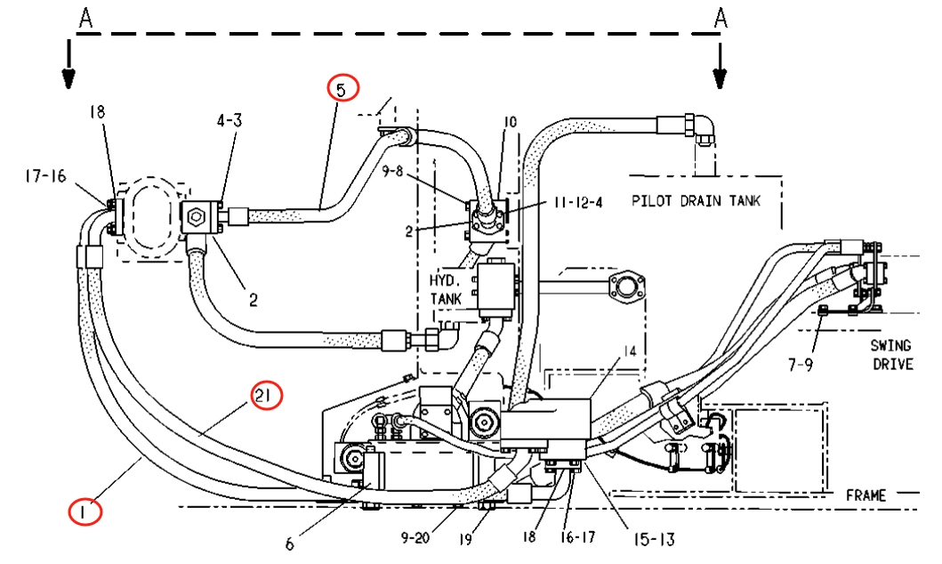 Caterpillar CAT®225B installation diagram showing hydraulic hose 5S-9348 at Pipe No. 5