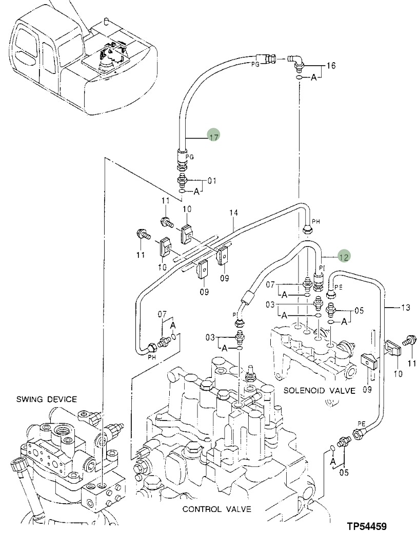 Hitachi EX110-5 installation diagram showing hydraulic hose 4366267 at Pipe No. 17