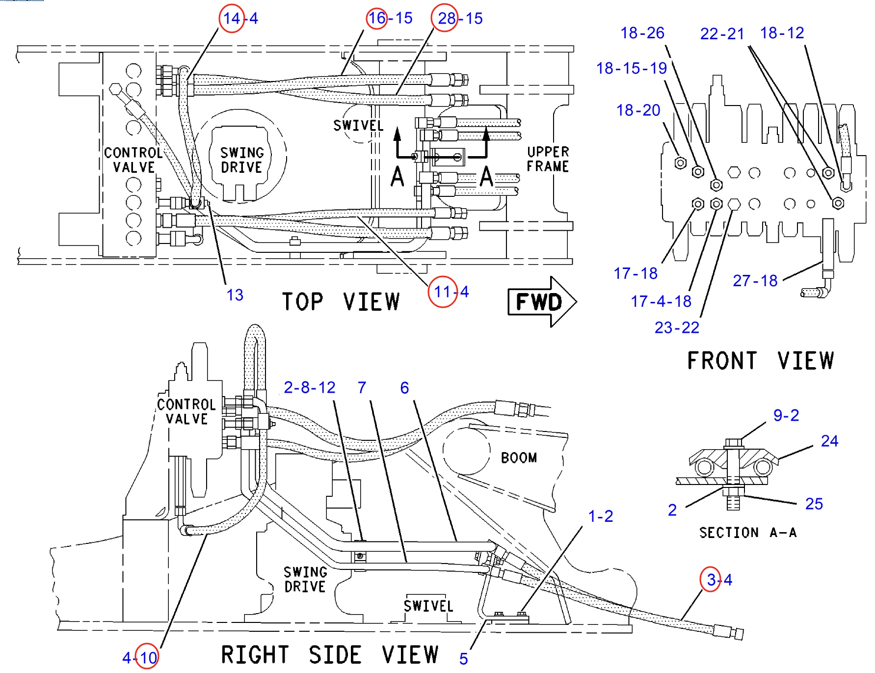 Caterpillar CAT®312-A installation diagram showing hydraulic hose 122-5358 at Pipe No. 28