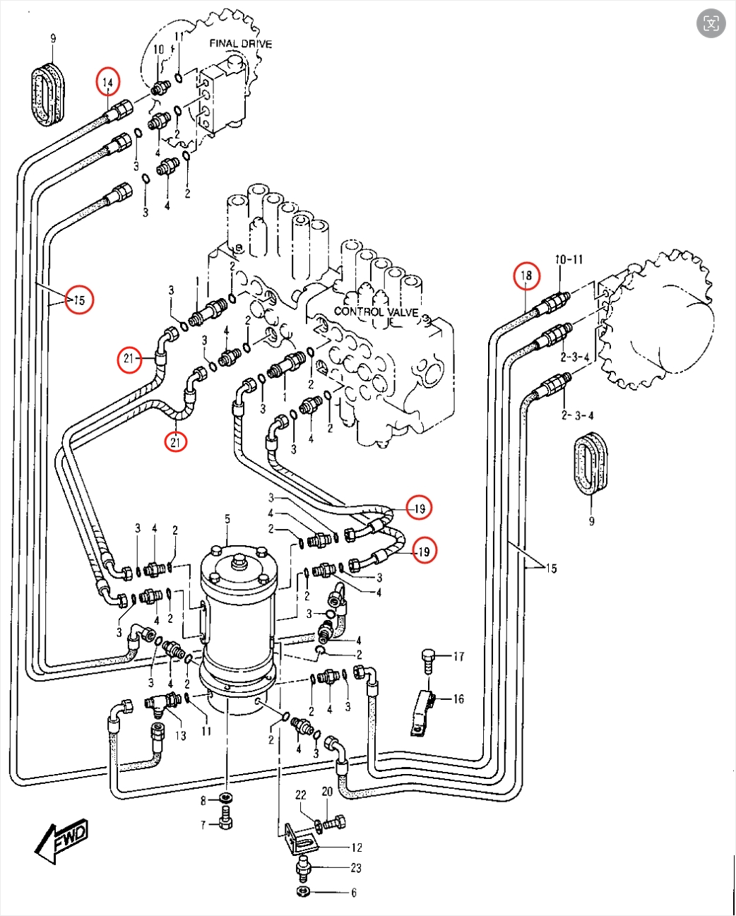 Caterpillar CAT®307-A installation diagram showing hydraulic hose 108-7159 at Pipe No. 14