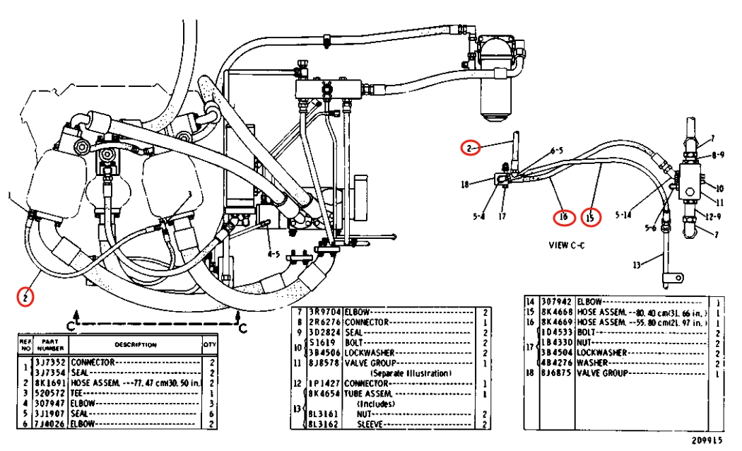 Caterpillar CAT®225 installation diagram showing hydraulic hose 8K-1691 at Pipe No. 2