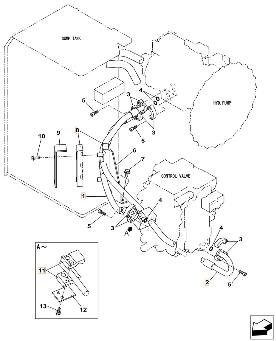 Case CX130C W/B installation diagram showing hydraulic hose KNJ11480 at Pipe No. 1