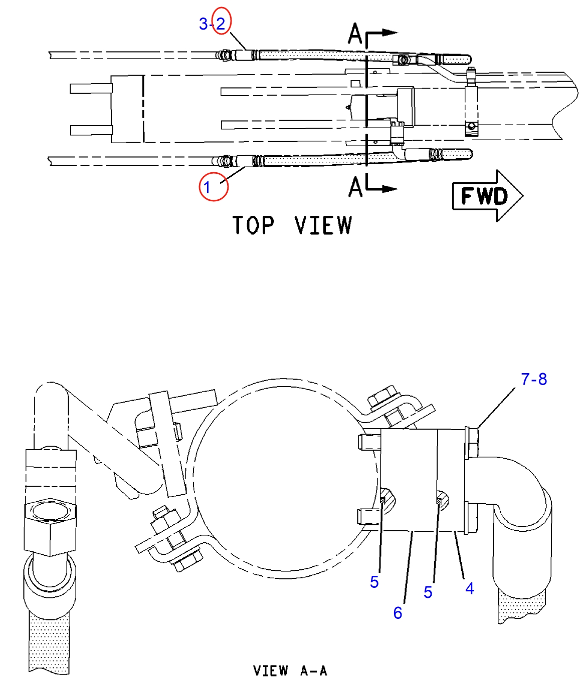 Caterpillar CAT®312B L installation diagram showing hydraulic hose 124-0838 at Pipe No. 2