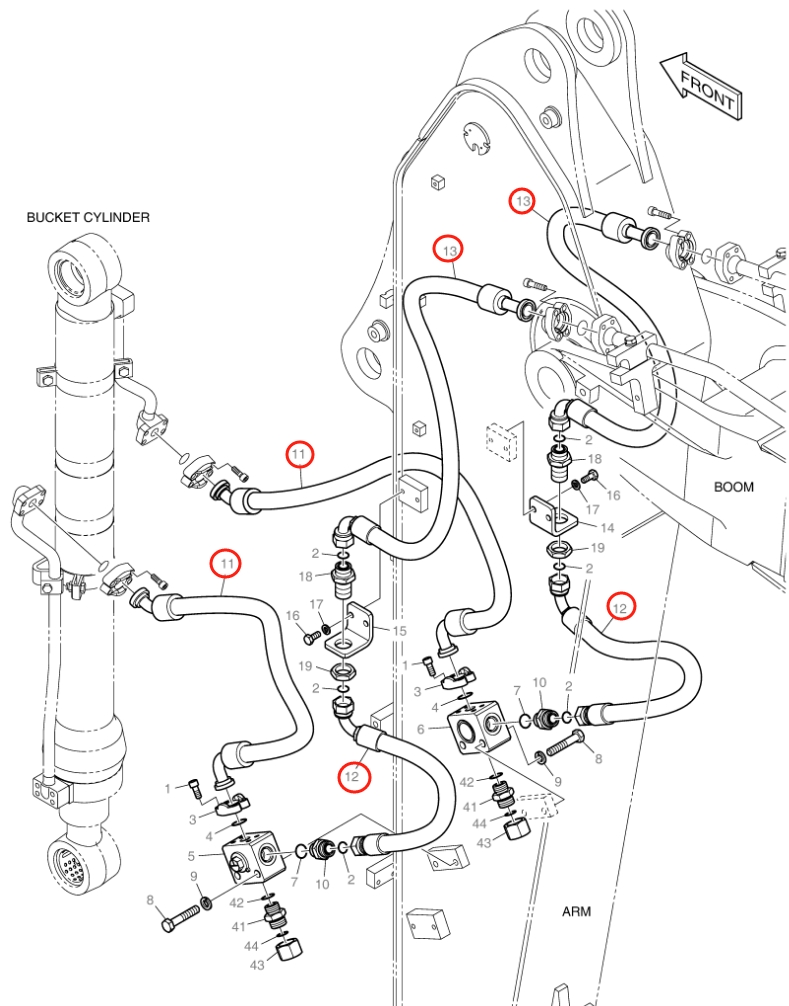 Doosan DX160LC-3 installation diagram showing hydraulic hose DS2121032 at Pipe No. 14