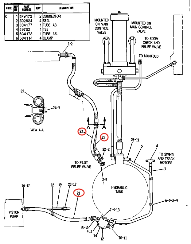 Caterpillar CAT®215B installation diagram showing hydraulic hose 5C-4176 at Pipe No. 21