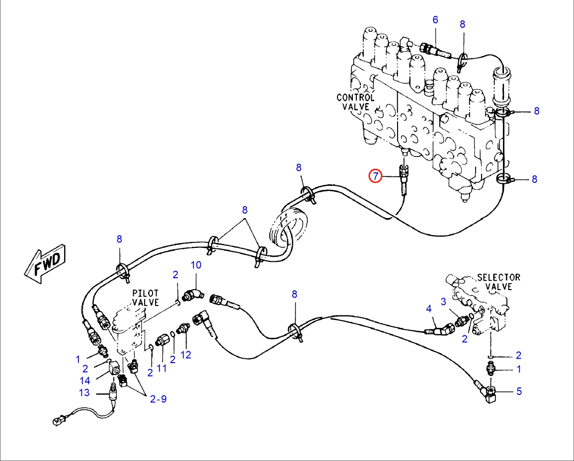 Caterpillar CAT®318B N installation diagram showing hydraulic hose 4I-6233 at Pipe No. 7