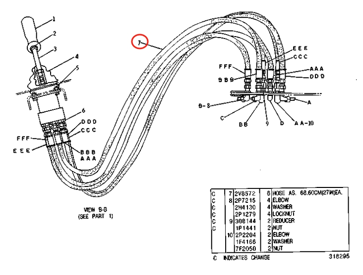 Caterpillar CAT®215B installation diagram showing hydraulic hose 2V-8572 at Pipe No. 7