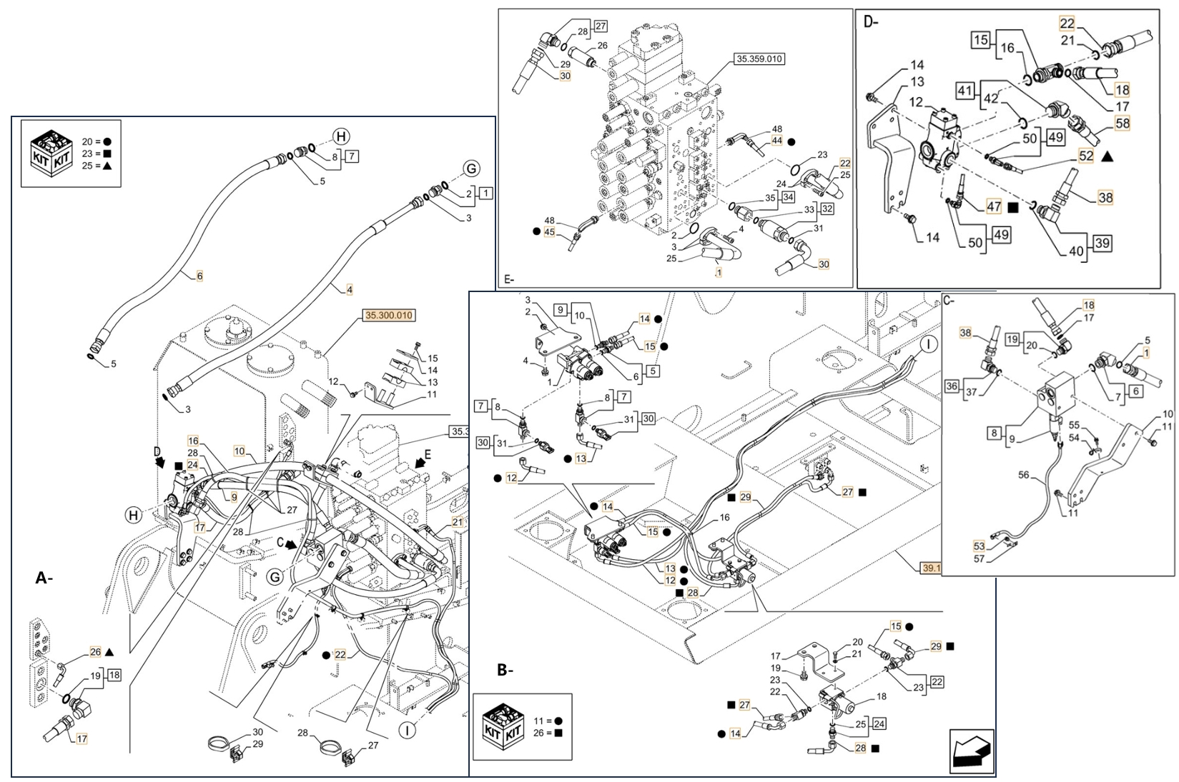 Case CX210D LC 2PB installation diagram showing hydraulic hose KHJ2581 at Pipe No. A22-B13-E45