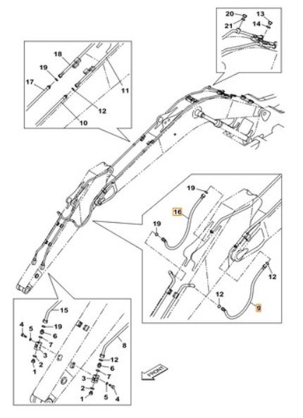 Case CX220B installation diagram showing hydraulic hose KRV19740 at Pipe No. 9