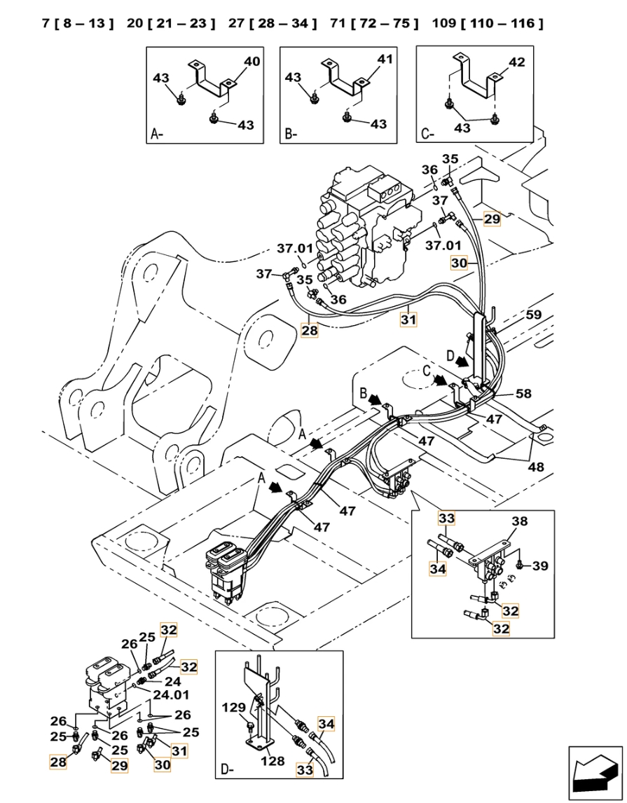 Case CX130C-8 installation diagram showing hydraulic hose KHJ2440 at Pipe No. 29