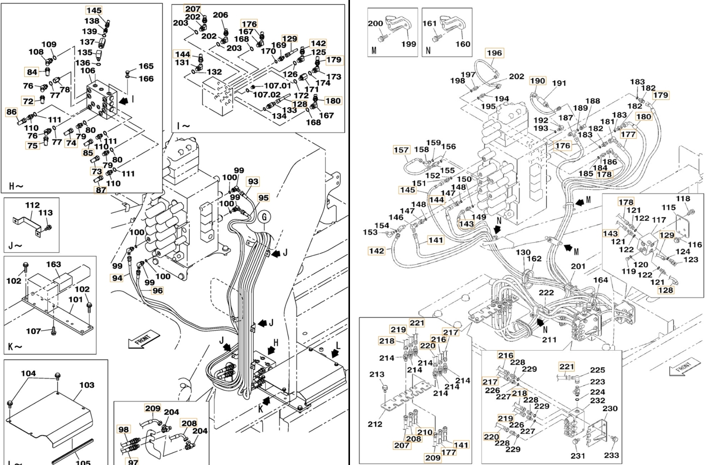 Case CX210B SL installation diagram showing hydraulic hose KHJ2350 at Pipe No. 196