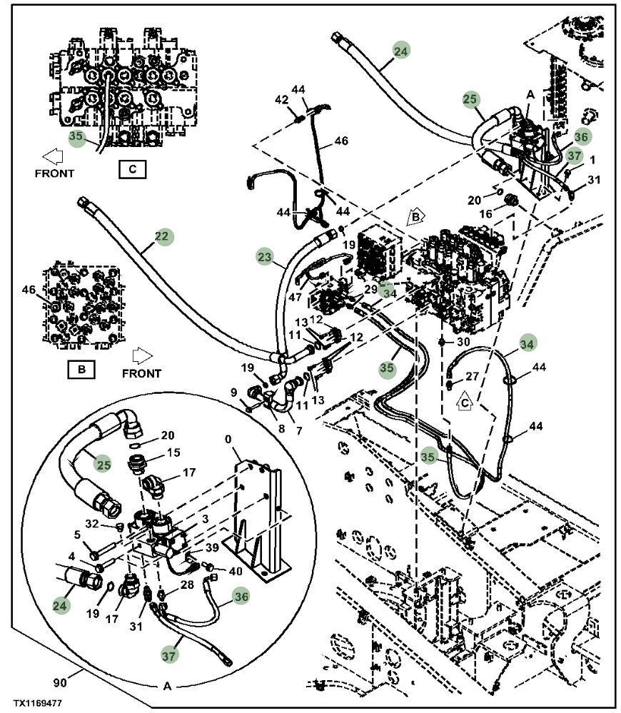 Hitachi ZX230W-5N installation diagram showing hydraulic hose 4286816 at Pipe No. 24