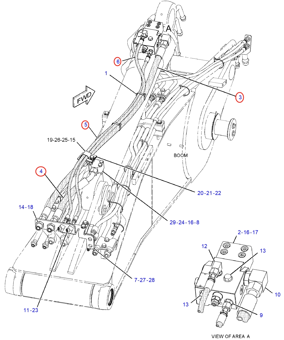 Caterpillar CAT®313F installation diagram showing hydraulic hose 371-3165 at Pipe No. 5