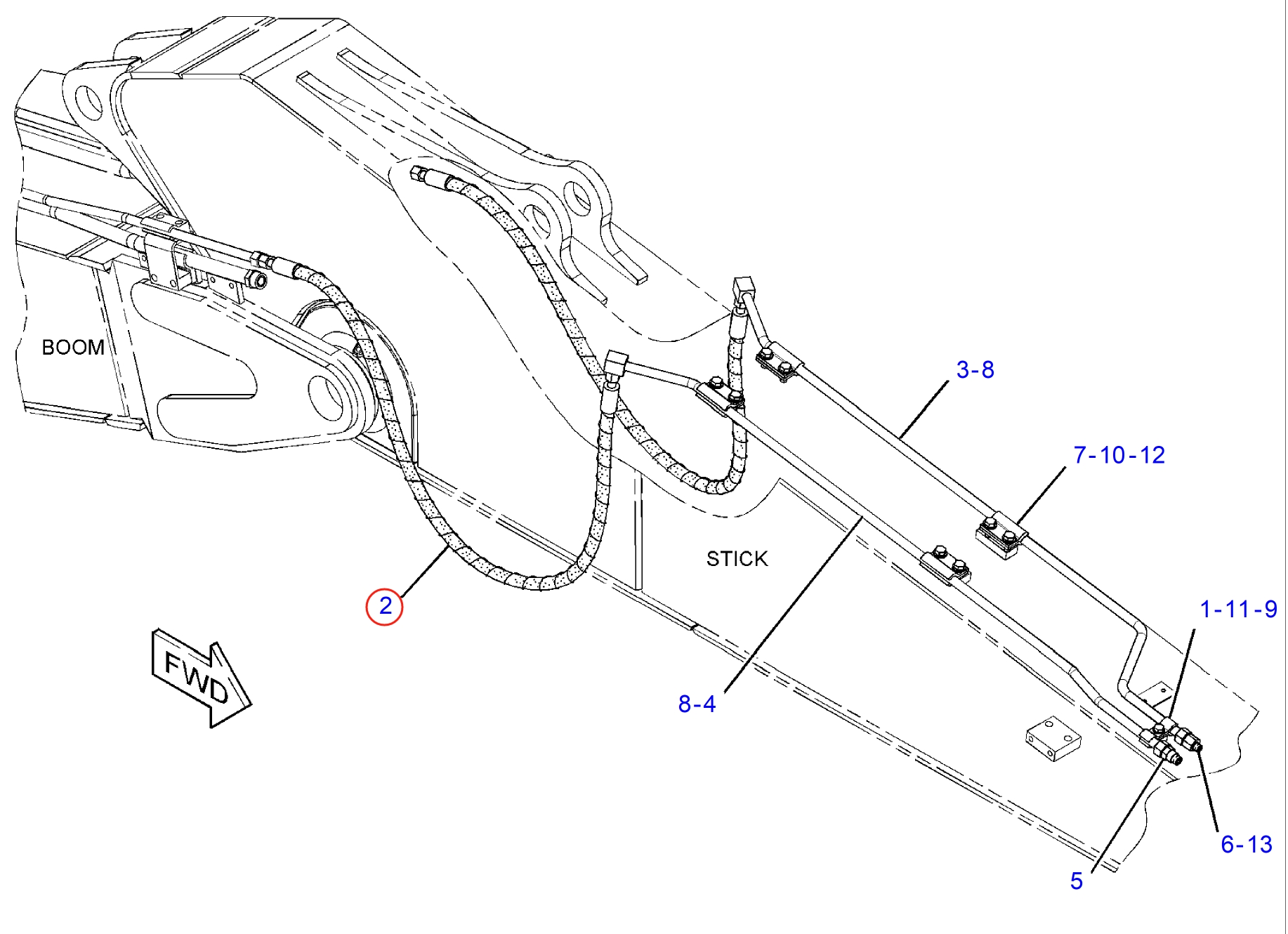 Caterpillar CAT®313F L installation diagram showing hydraulic hose 382-7079 at Pipe No. 2