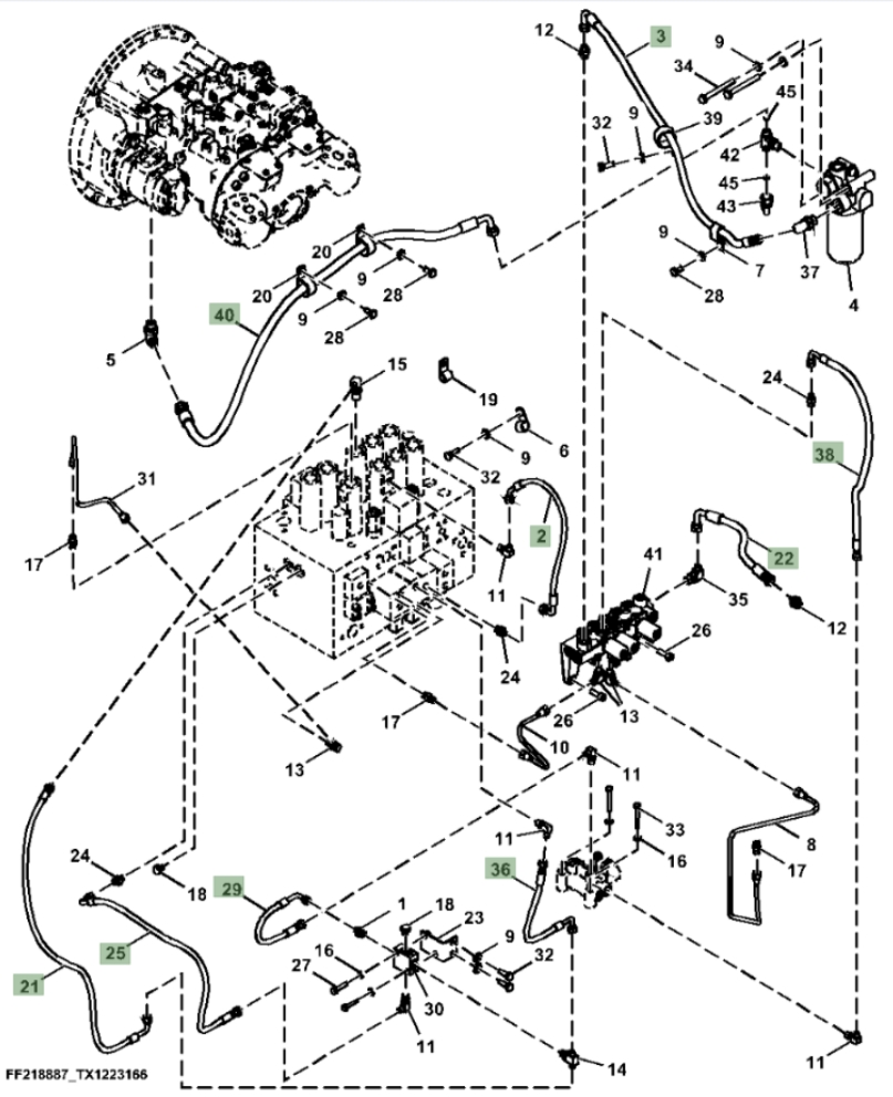 Hitachi ZX210F-FE-6N installation diagram showing hydraulic hose 4643029 at Pipe No. 2