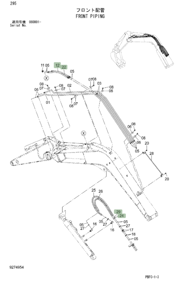 Hitachi ZX85USB-3 installation diagram showing hydraulic hose 4388835 at Pipe No. 12