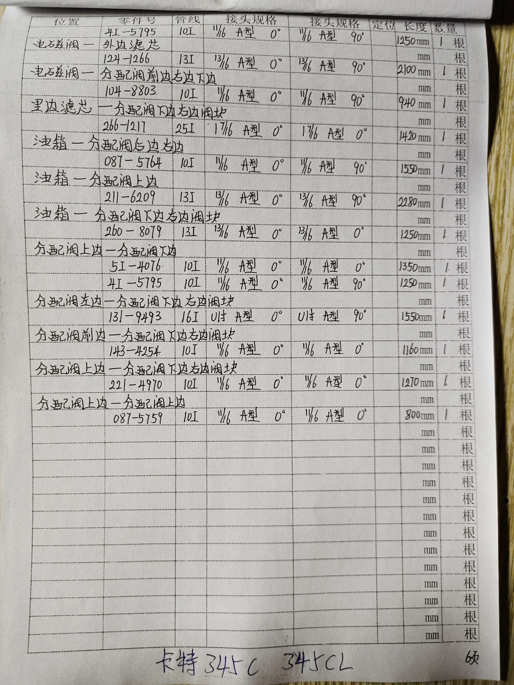 Caterpillar 345C hydraulic hose part numbers and recorded lengths — technician notebook page 6 of 6 — recorded hose parts 4I-5795, I-5795