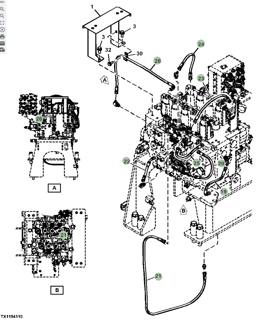 Hitachi ZX670LC-6 installation diagram showing hydraulic hose 4713505 at Pipe No. 24