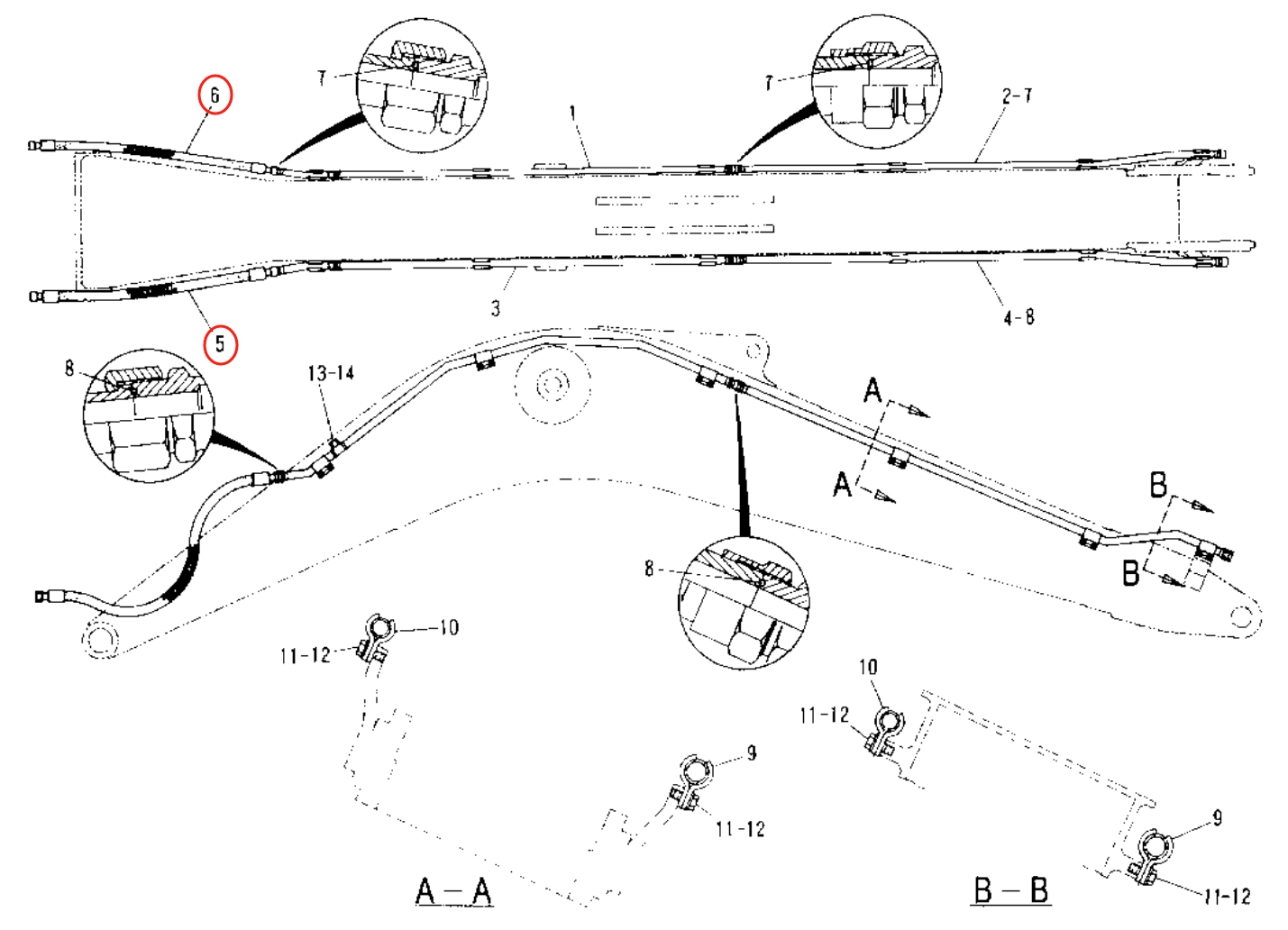Caterpillar CAT®315B L installation diagram showing hydraulic hose 5I-7461 at Pipe No. 5