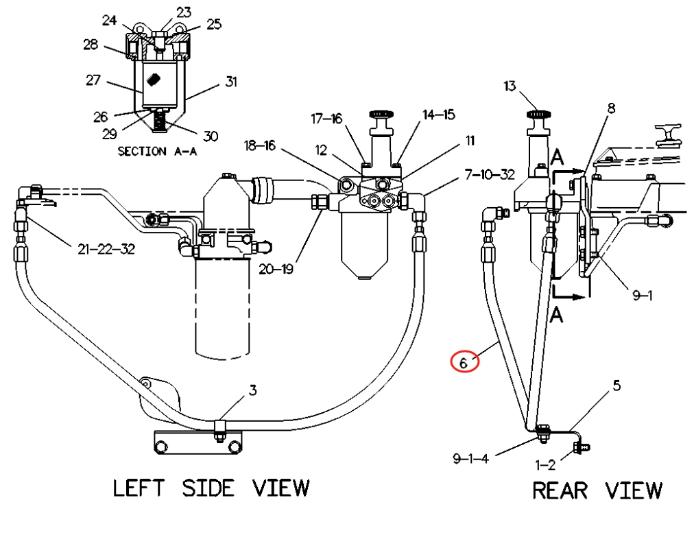 Caterpillar CAT®224B installation diagram showing hydraulic hose 8W-5425 at Pipe No. 6