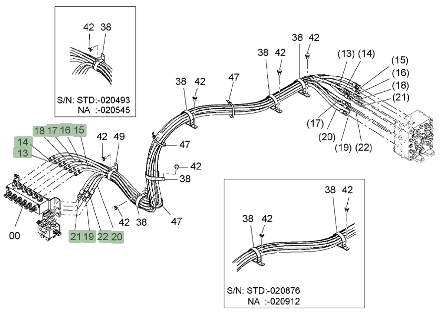 Hitachi ZX850LC-3 installation diagram showing hydraulic hose 4456136 at Pipe No. 14