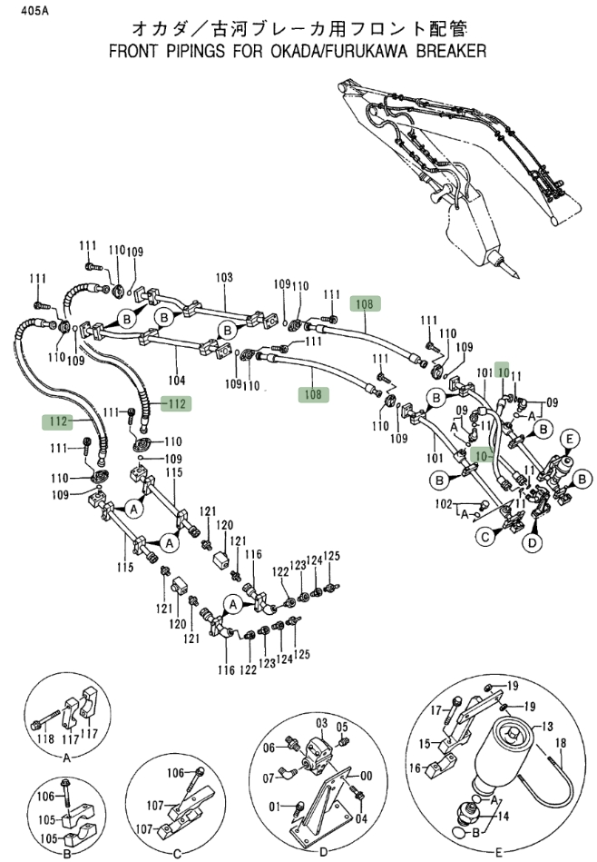 Hitachi EX400LC-3C installation diagram showing hydraulic hose 4343209 at Pipe No. 10