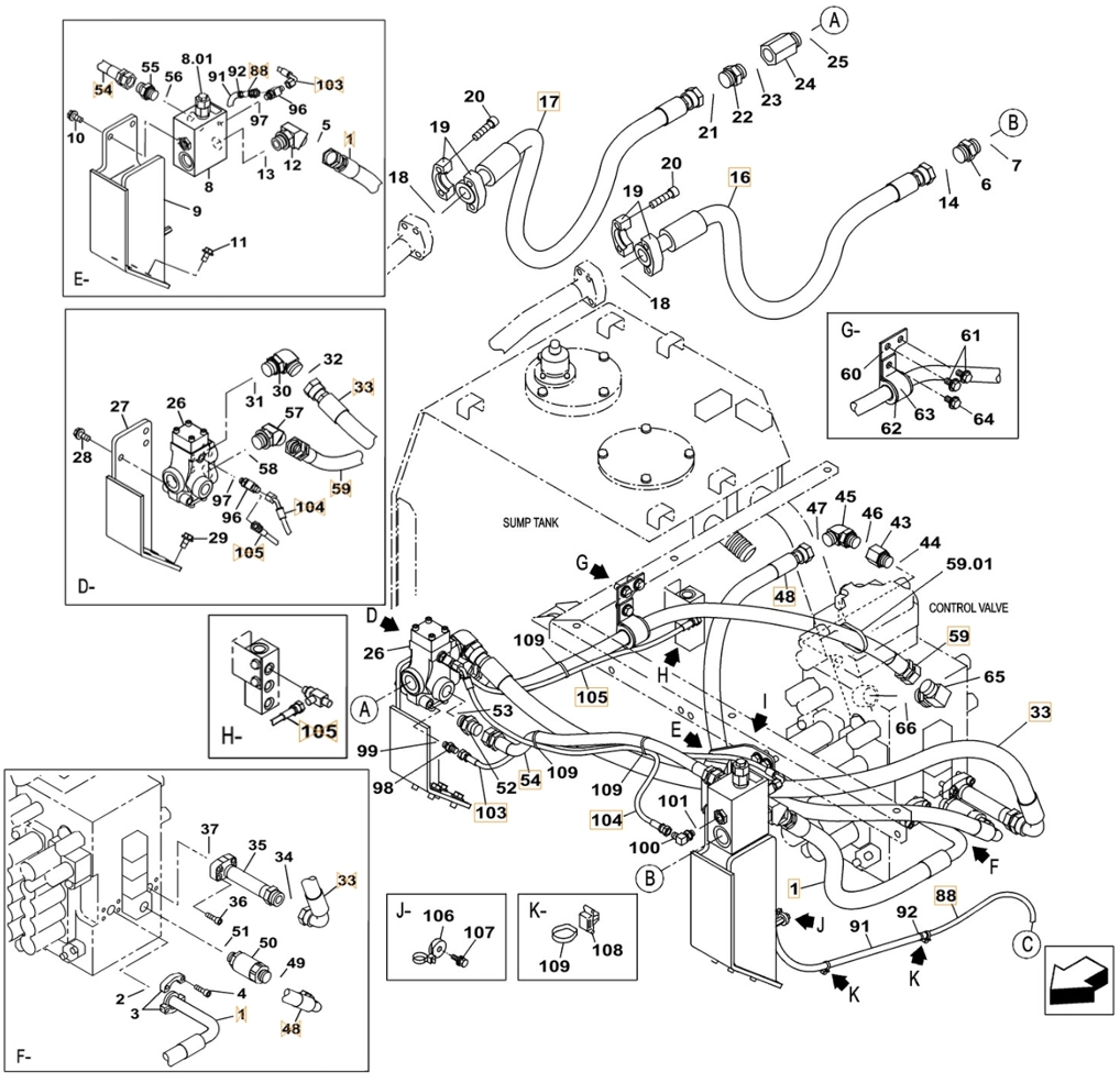 Case CX380C installation diagram showing hydraulic hose KHJ15180 at Pipe No. 105
