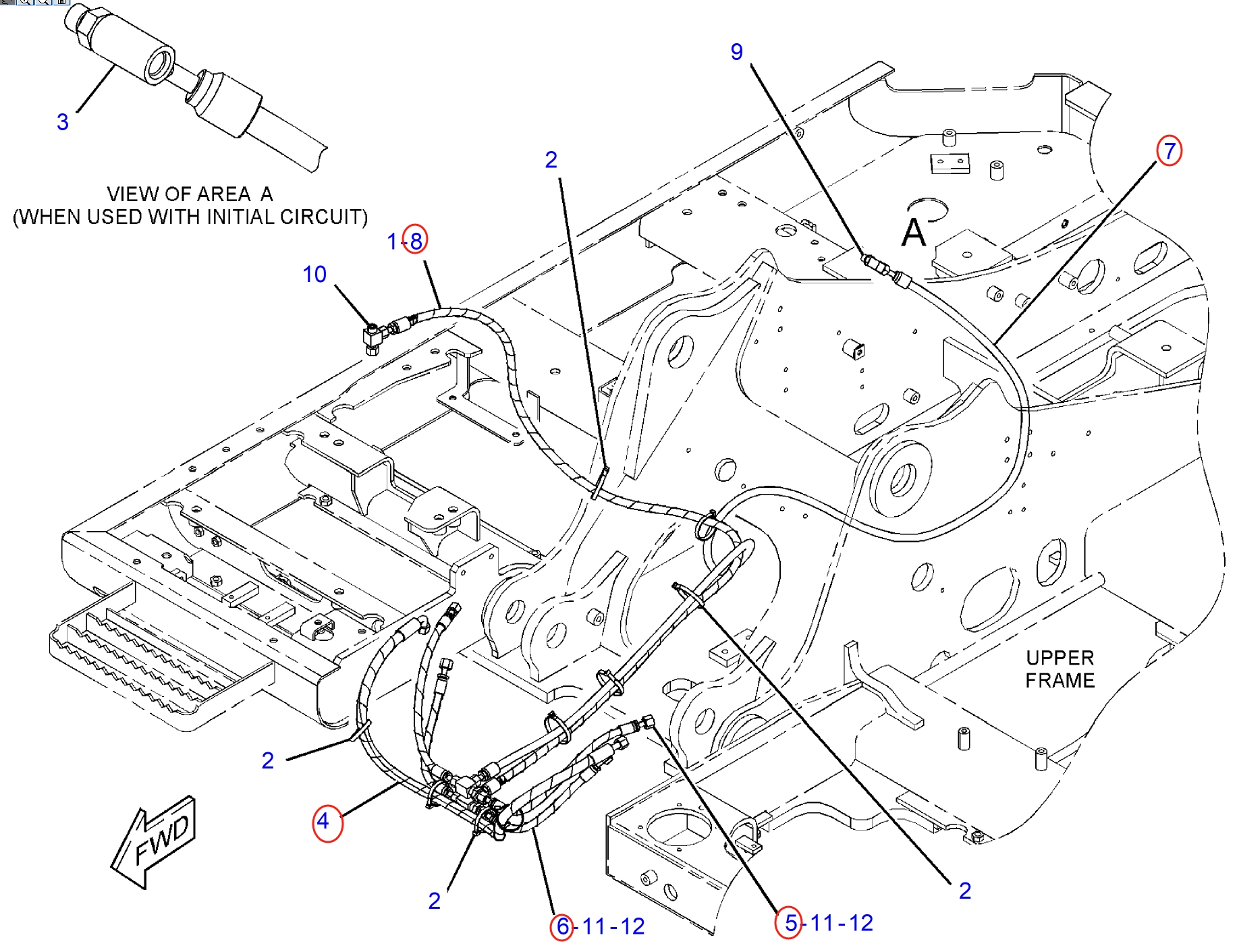Caterpillar CAT®311F LRR installation diagram showing hydraulic hose 296-7187 at Pipe No. 6