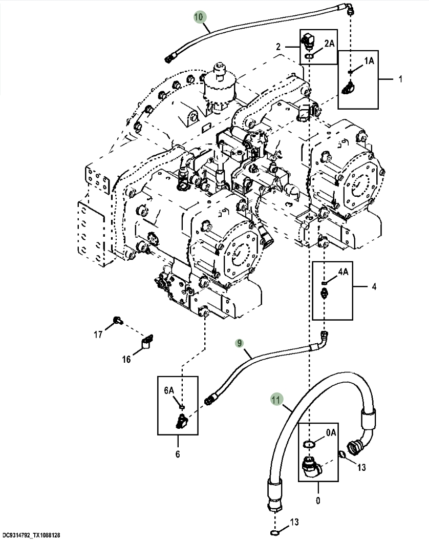 Hitachi ZX670LC-5B installation diagram showing hydraulic hose 4636420 at Pipe No. 9