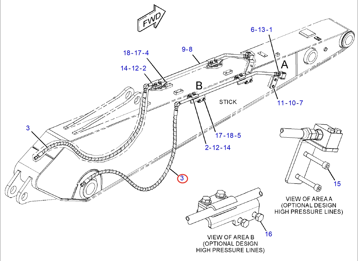 Caterpillar CAT®318E L installation diagram showing hydraulic hose 173-7864 at Pipe No. 3