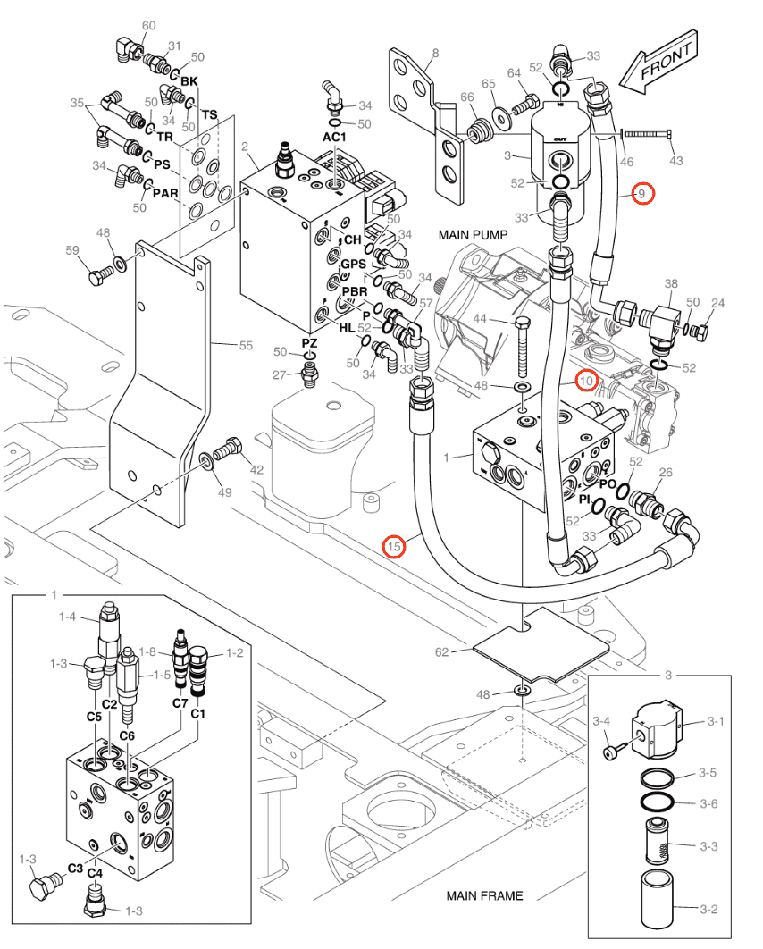 Doosan DX57W-5 installation diagram showing hydraulic hose DS2055748 at Pipe No. 9