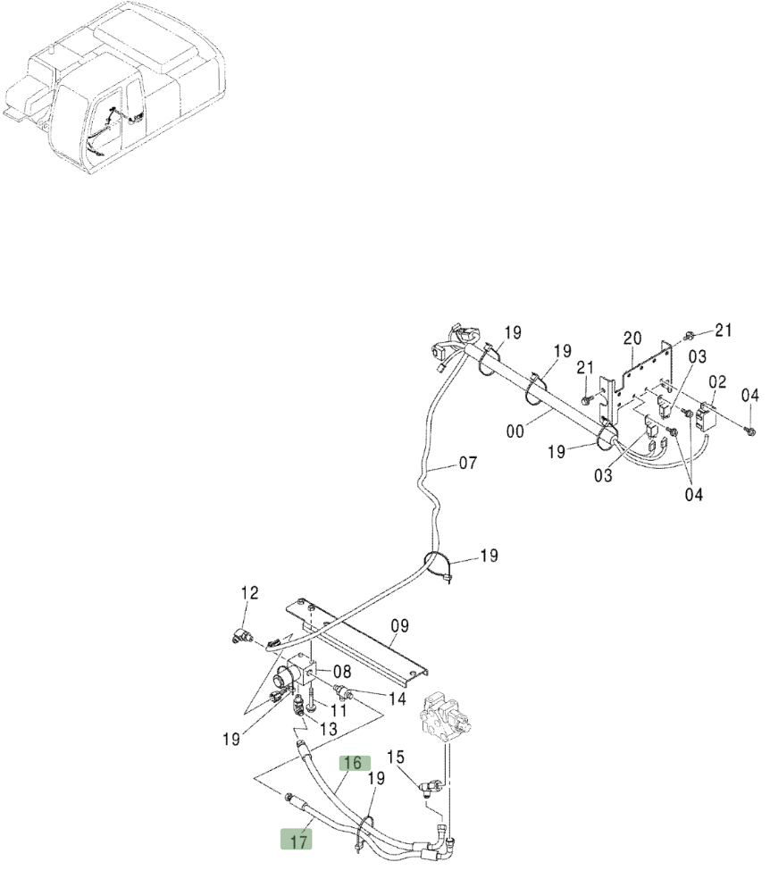 Hitachi ZX230LC installation diagram showing hydraulic hose 4437944 at Pipe No. 17