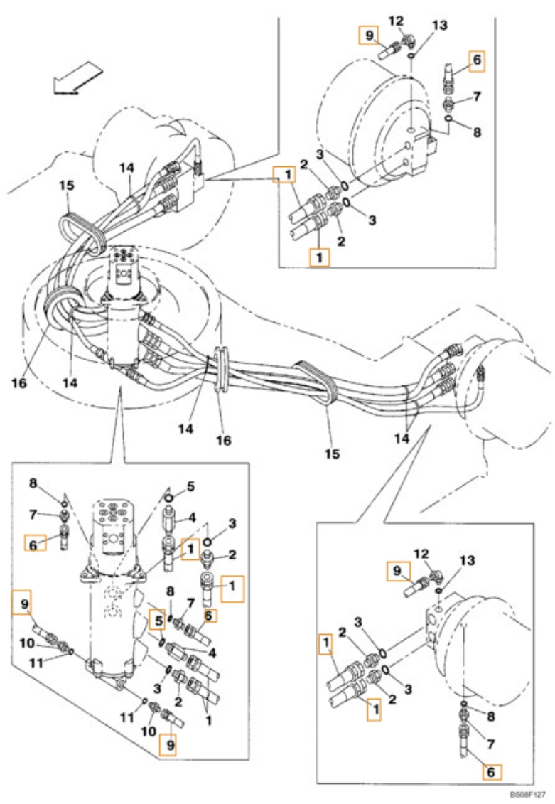 Case CX470B installation diagram showing hydraulic hose KTA1200 at Pipe No. 1