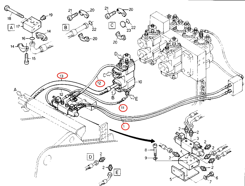 Caterpillar CAT®224B installation diagram showing hydraulic hose 8U-1332 at Pipe No. 13