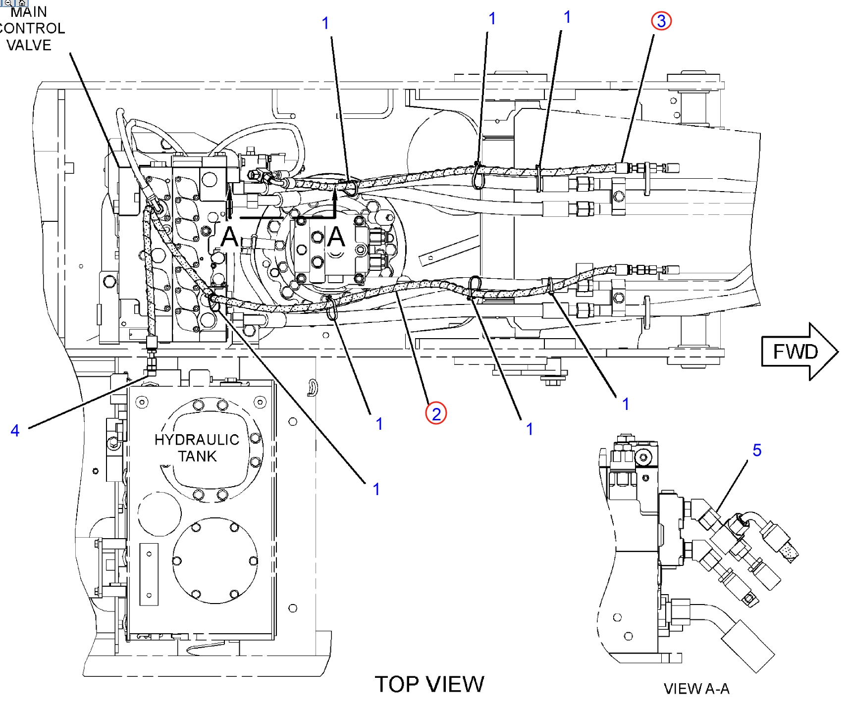 Caterpillar CAT®312F installation diagram showing hydraulic hose 320-0063 at Pipe No. 2