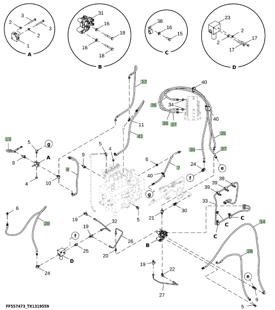 Hitachi ZX300LC-6N installation diagram showing hydraulic hose 4249348 at Pipe No. 41