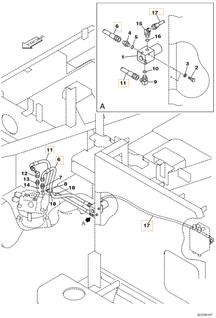 Case CX130 installation diagram showing hydraulic hose 159019A1 at Pipe No. 17
