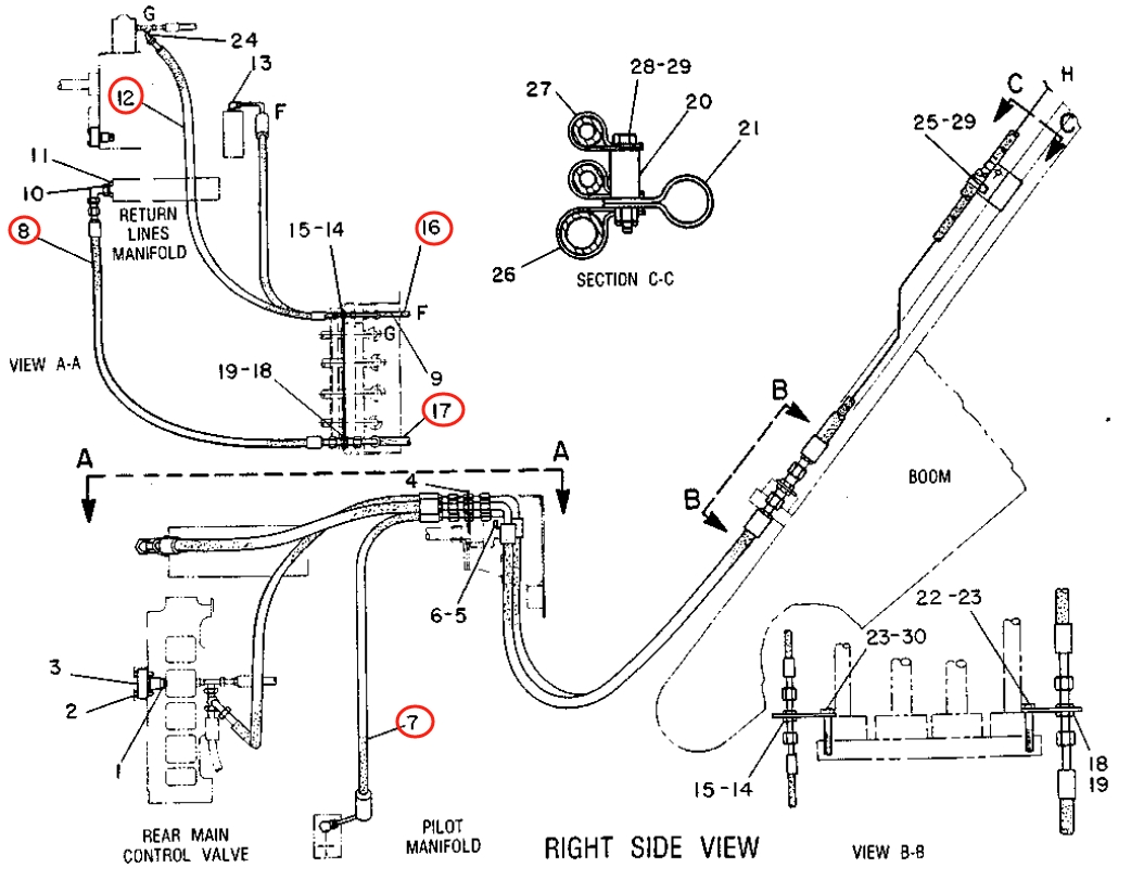 Caterpillar CAT®219D installation diagram showing hydraulic hose 6W-7640 at Pipe No. 8