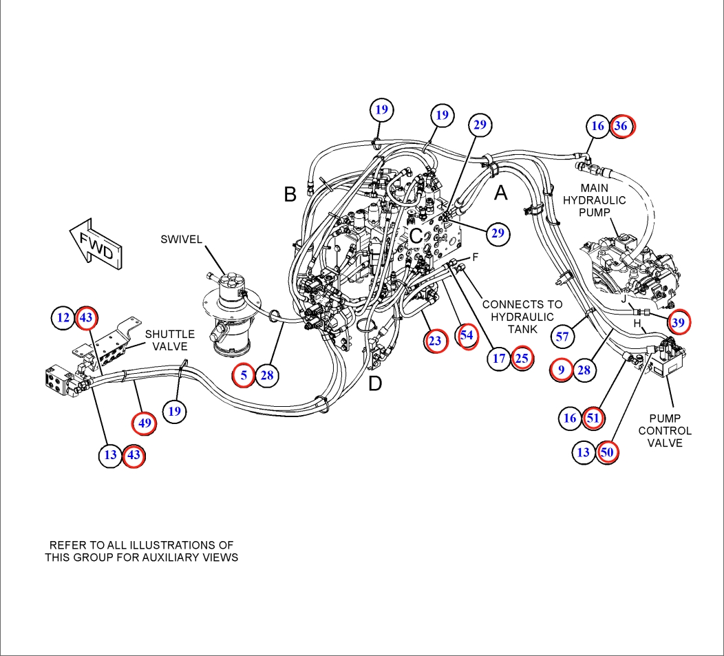 Caterpillar CAT®316F installation diagram showing hydraulic hose 340-2962 at Pipe No. 49