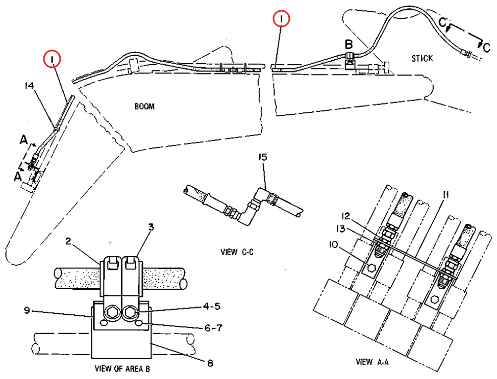 Caterpillar CAT®225D installation diagram showing hydraulic hose 3V-9113 at Pipe No. 1