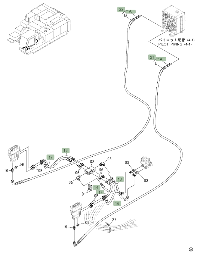 Hitachi ZX800 installation diagram showing hydraulic hose 4484246 at Pipe No. 21A