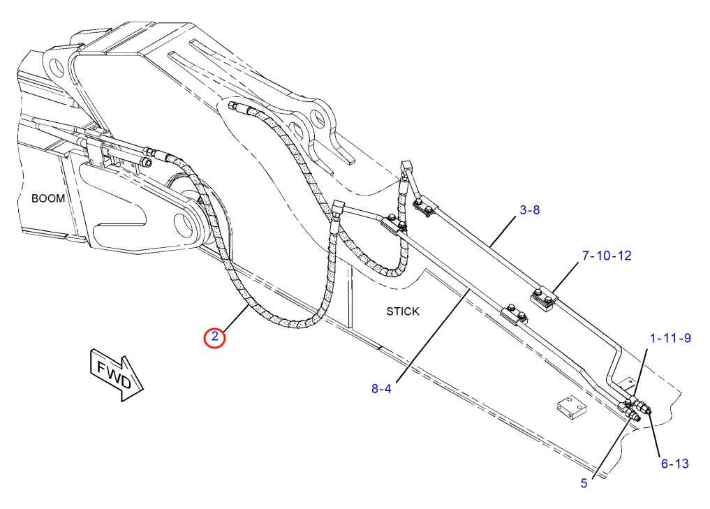Caterpillar CAT®316F L installation diagram showing hydraulic hose 210-9966 at Pipe No. 2