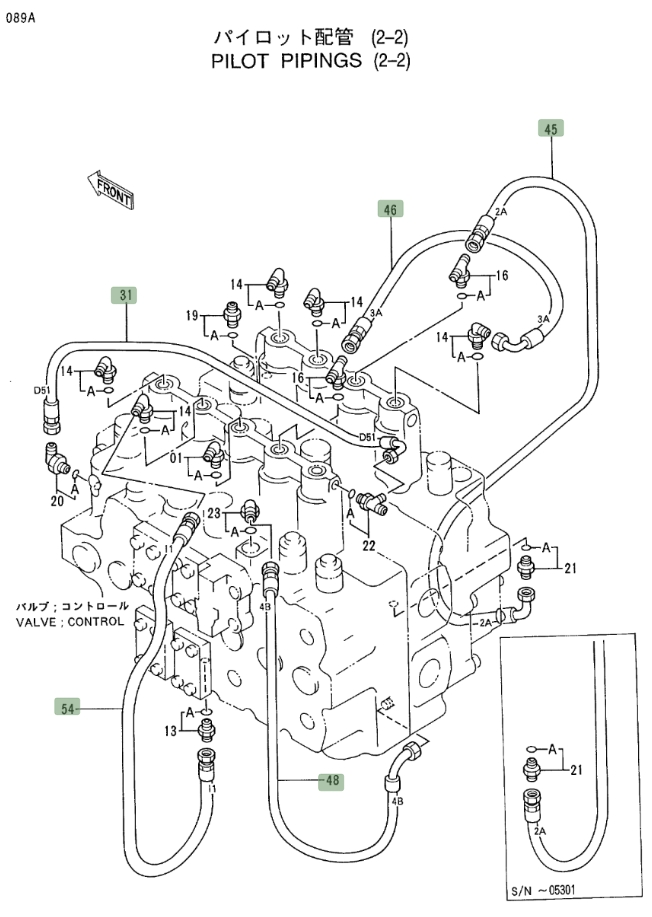 Hitachi EX400LC-3 installation diagram showing hydraulic hose 4317684 at Pipe No. 54