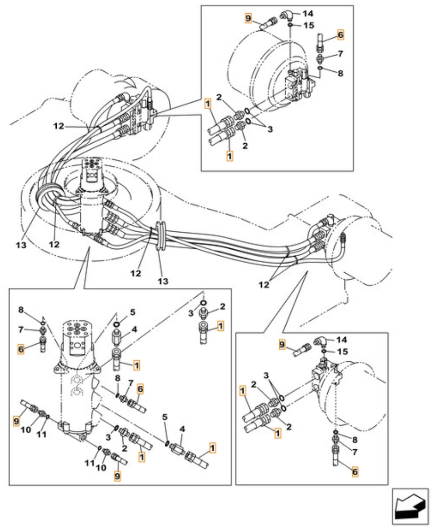 Case CX490C installation diagram showing hydraulic hose 159005A1 at Pipe No. 6