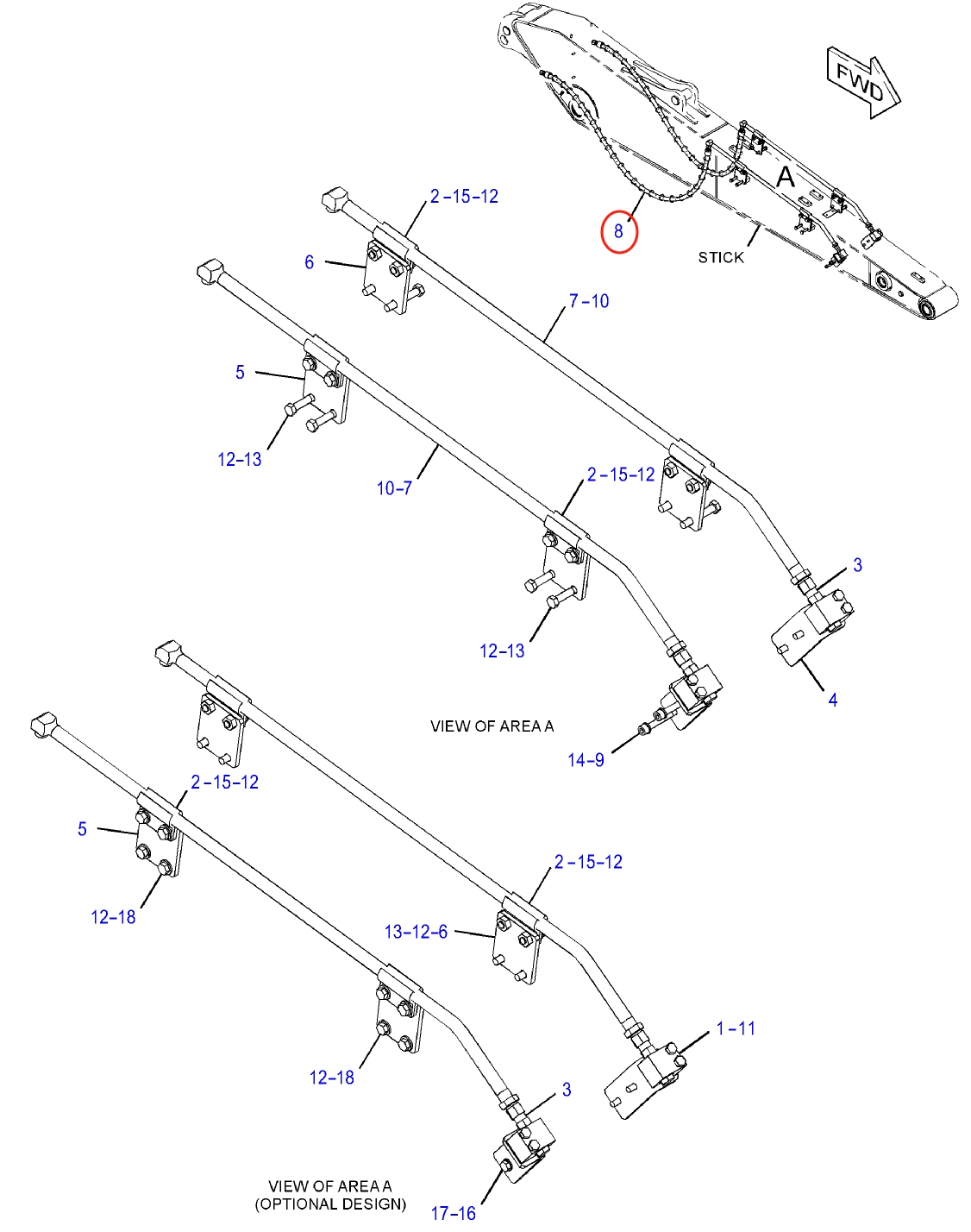 Caterpillar CAT®313F L installation diagram showing hydraulic hose 372-9809 at Pipe No. 8