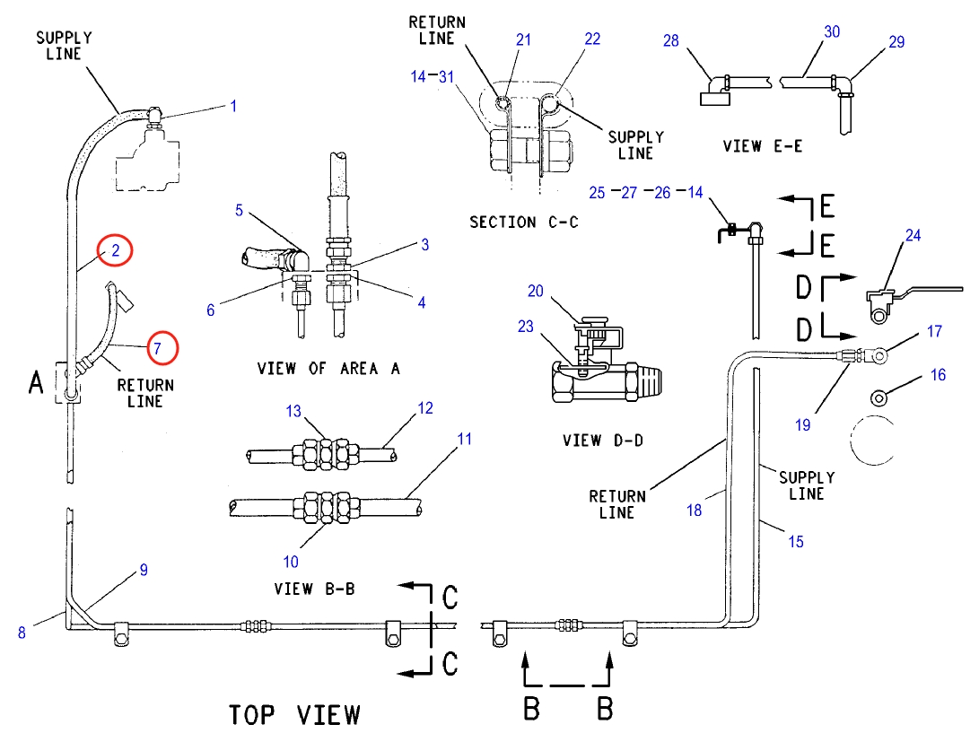 Caterpillar CAT®235D installation diagram showing hydraulic hose 7V-0917 at Pipe No. 2