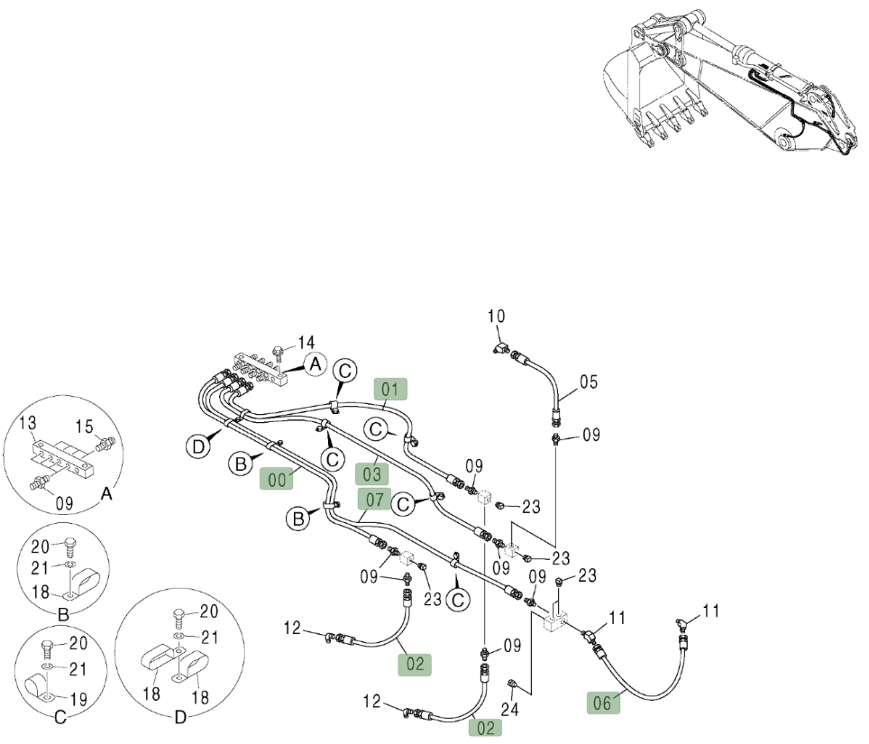 Hitachi ZX600LC installation diagram showing hydraulic hose 4258882 at Pipe No. 7