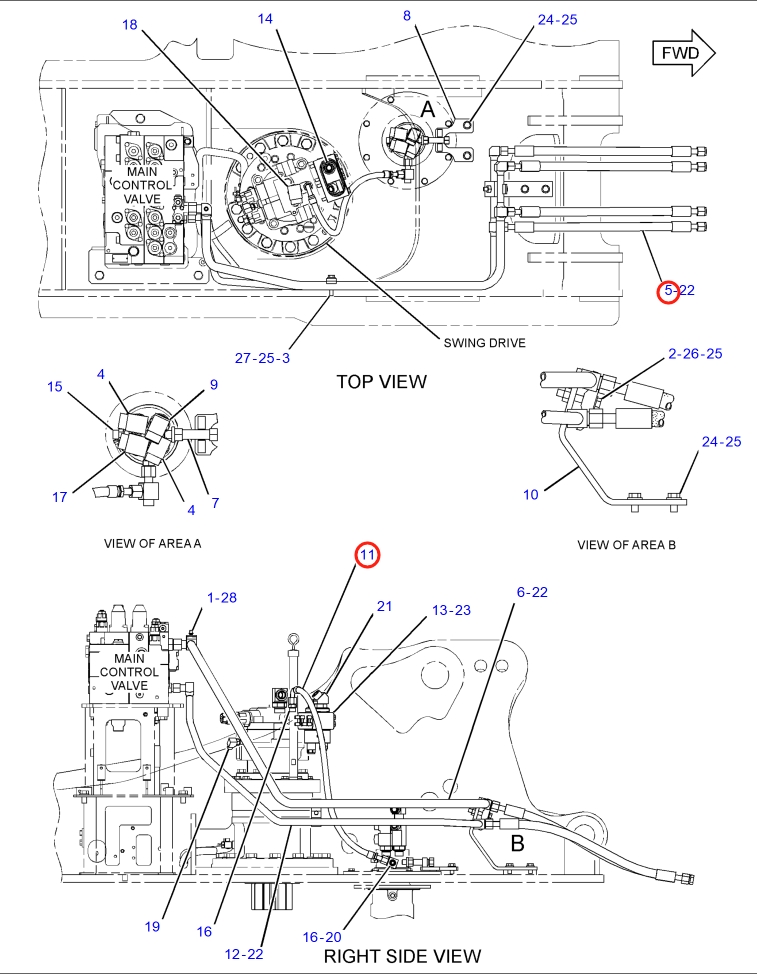 Caterpillar CAT®318D2 L installation diagram showing hydraulic hose 184-9543 at Pipe No. 5
